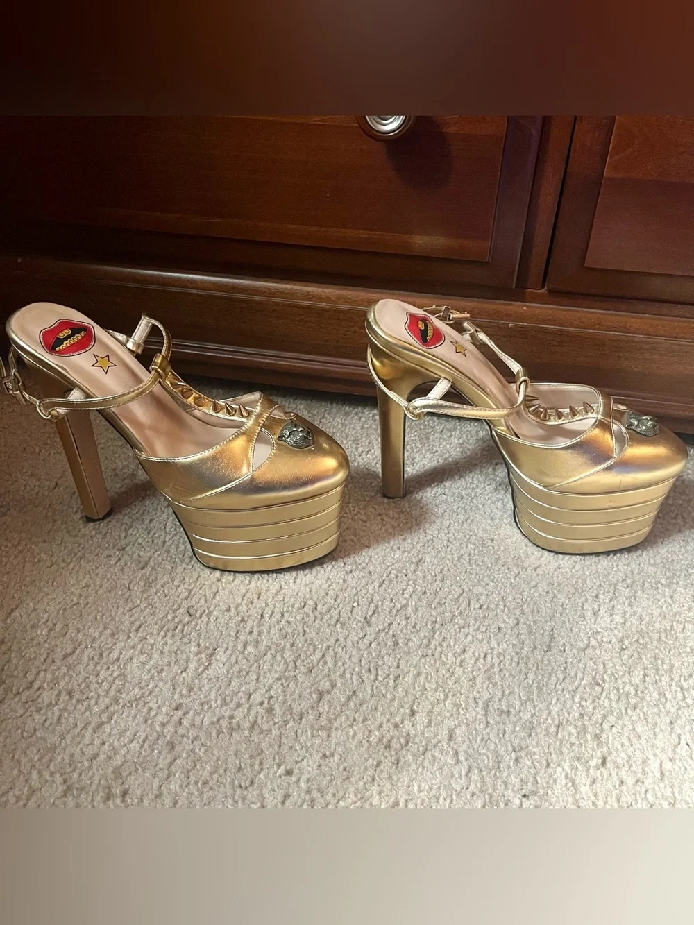 Gold metallic tiger spiked t-strap platform heels 7.5